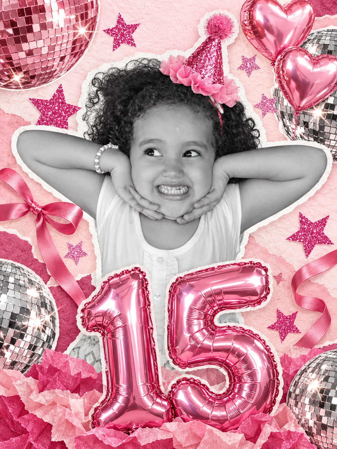 Colagem com a foto de infância da Sophia, globos espelhados e balões rosa de 15 anos